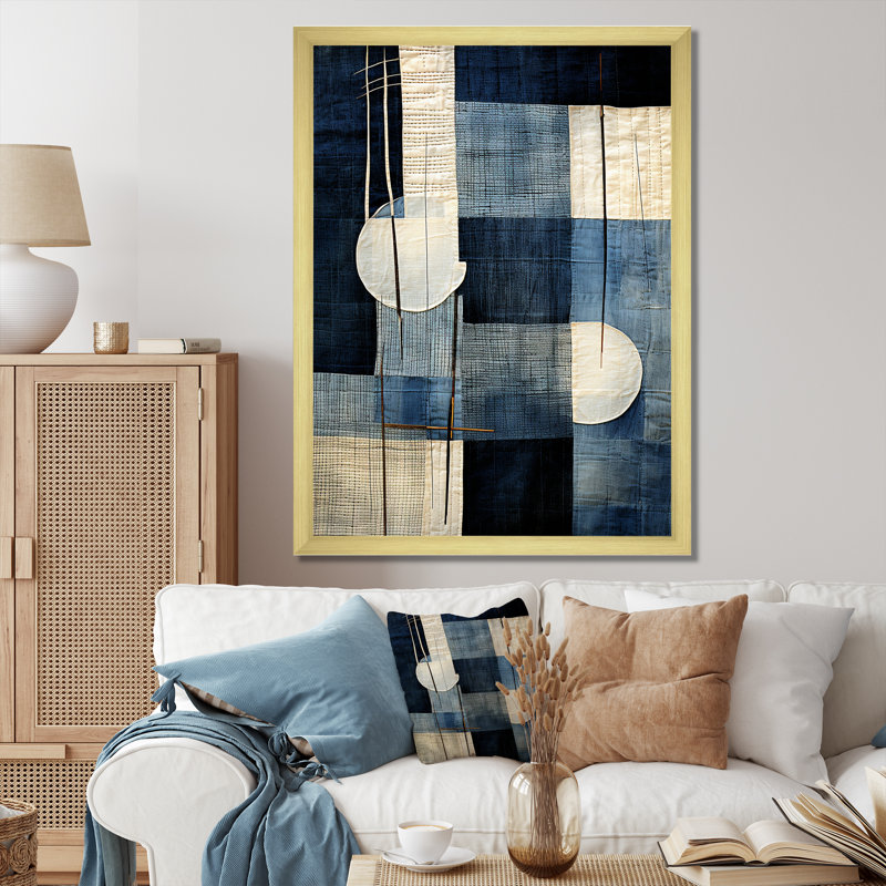 Collage géométrique bleu azur - Collages abstraits, Cadre doré simple, H 20 po x l 12 po x P 1 po