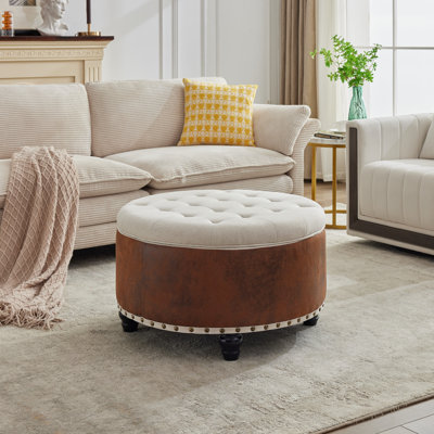 Upholstered Faux Leather Round Storage Ottoman