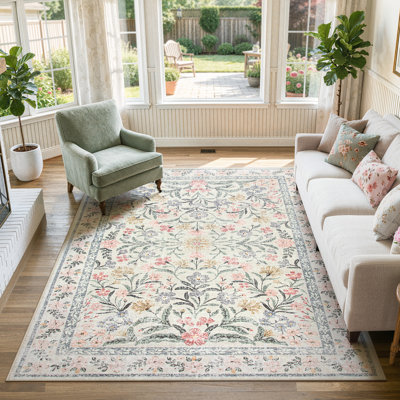 Washable Floral Area Rugs Boho Large Rugs Non-Slip for Bedroom Soft Rubber Backed Carpet