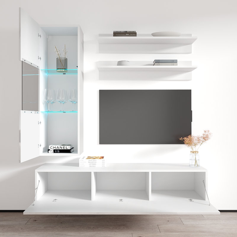 Meuble audio-vidéo mural flottant moderne de 63 po avec éclairage à DEL 16 couleurs Wacker, finition ultrabrillante, blanc