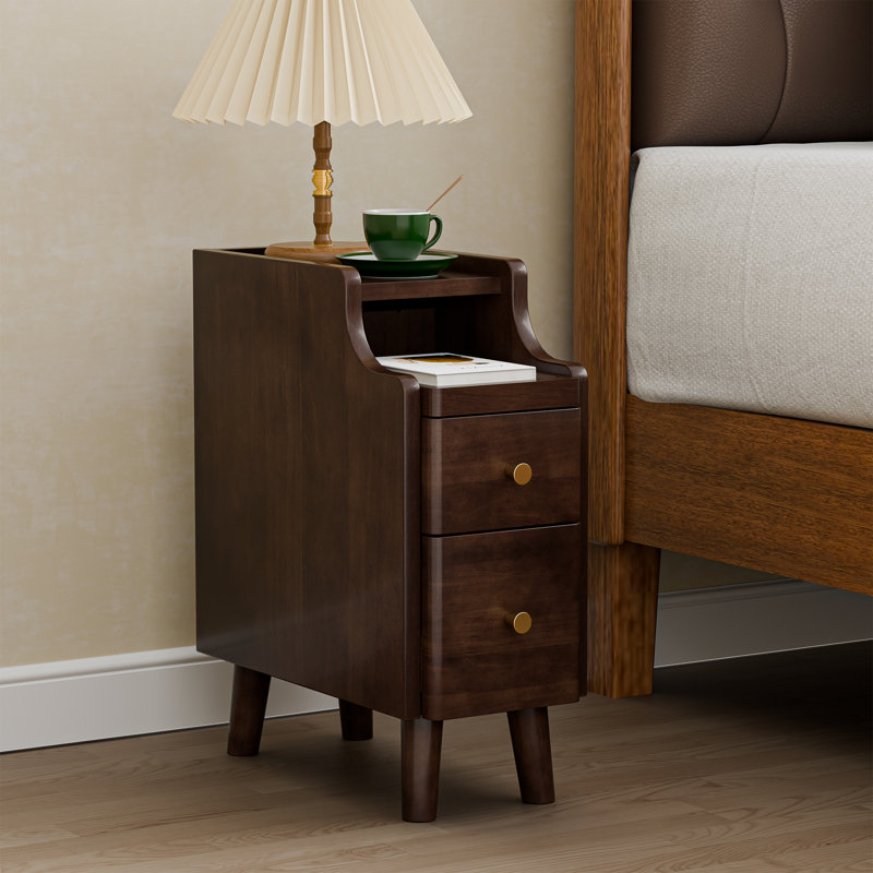 Narrow Nightstand with Drawers, Pre-Assembled Solid Wood Small Skinny Night Stand with Open Sliding Shelf, Black Walnut