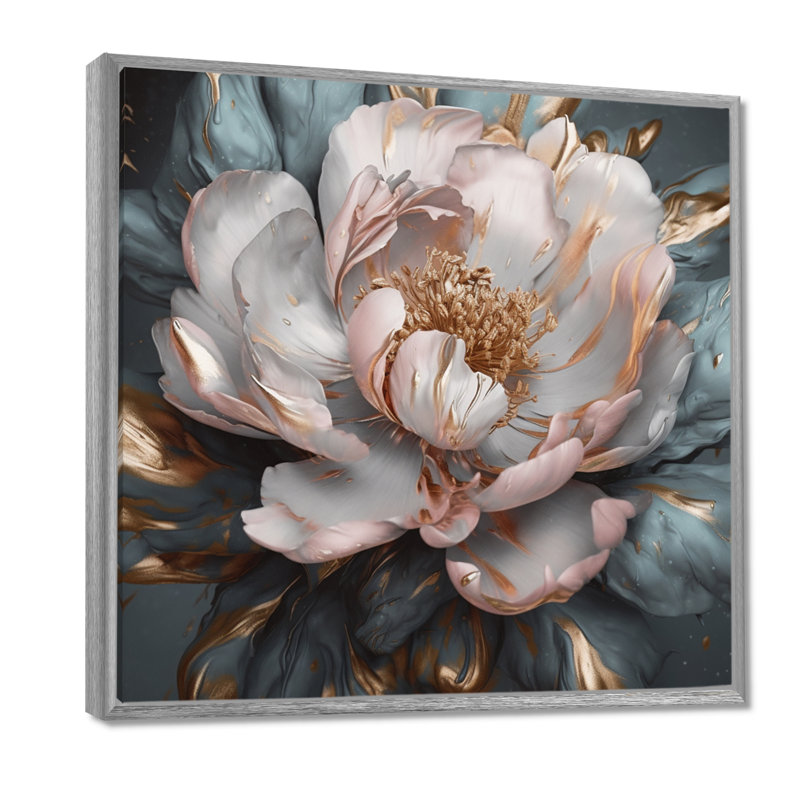 Pivoines roses et grises en fleurs I - impressions florales sur pivoines, H 24 po x l 24 po, Encadrement argenté