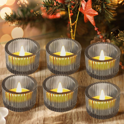 Set of 6 Black Ribbed Glass Votive Candle Holders, Small Tealight Holders for Wedding Table Centerpiece & Seasonal Home Decor