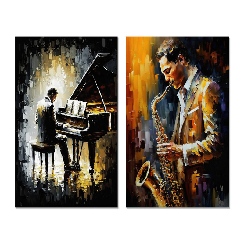 «Man jouant du piano», 2 pièces sur toile, Toile tendue, H 32 po x l 32 po