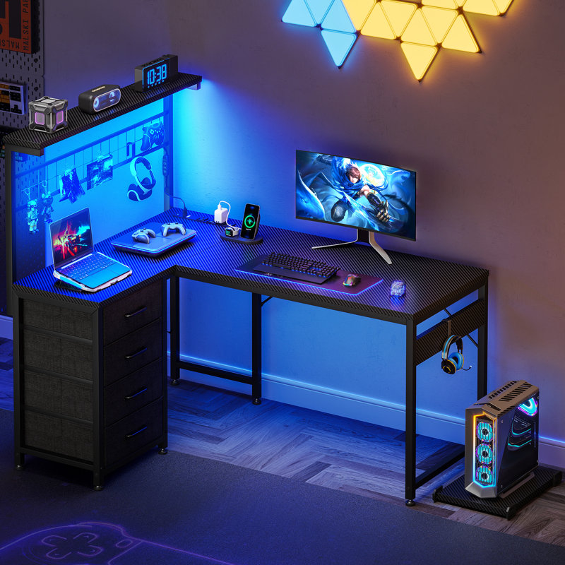 Reversible L-Shaped Desk with LED Lights and Power Outlets, 53.03" H x 43" W x 31.5" D