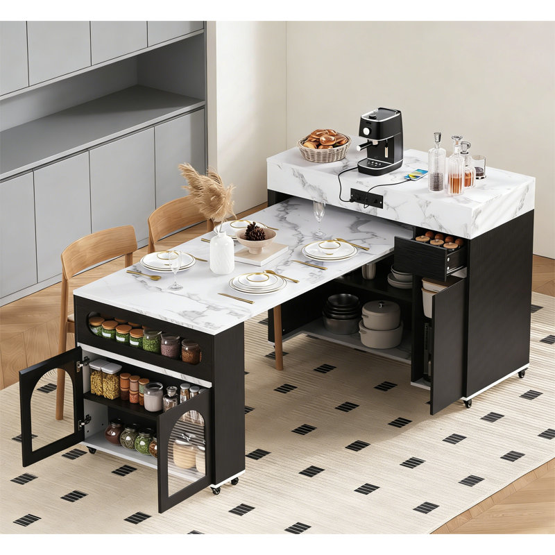 Extendable Kitchen Island with Extra-Long Folding Top, White