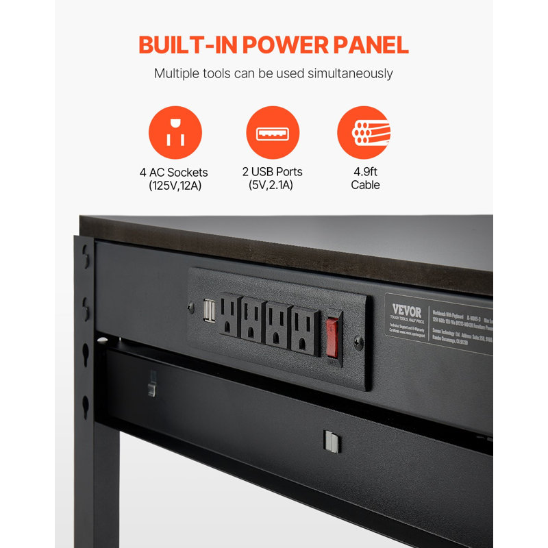 Établi en bois franc, capacité de poids de 242,5 lb, établi robuste de 47,2 po avec panneau perforé, 4 prises CA et 2 ports USB, câble de 1,5 m et 30 crochets, banc de travail de garage avec tiroir pour atelier