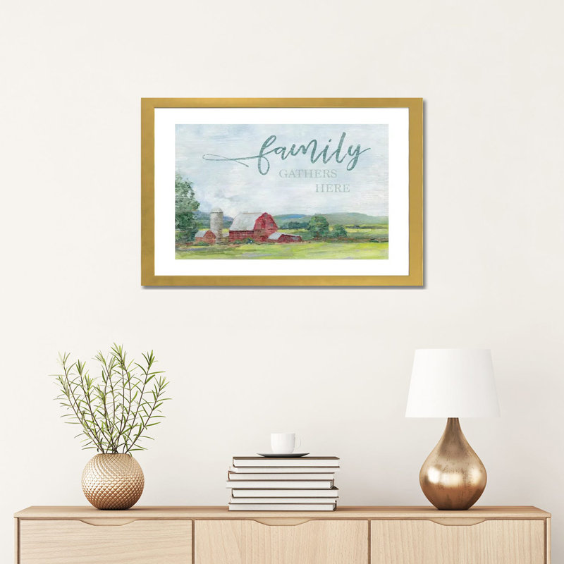 «Family Gather Here» par Sally Swatland - reproduction d'art textuel, Gold Paper, Blanc, H 16 po x l 24 po x P 1 po