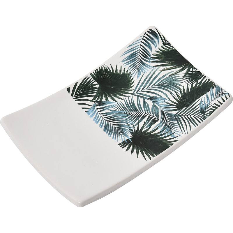 Tropical Leaf Ceramic and Wood 4-Piece Bathroom Accessory Set
