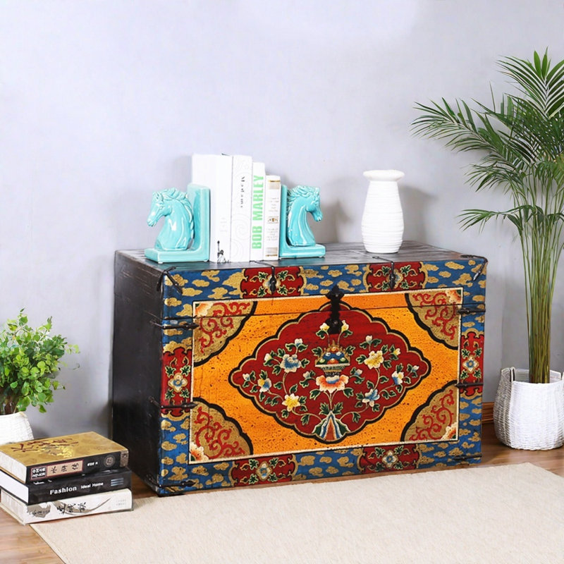 Large Retro Distressed Solid Wood Accent Trunk
