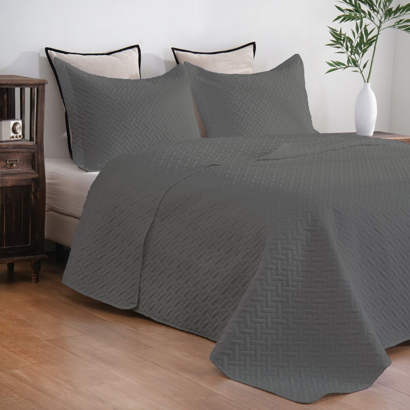 Microfiber Embossed Bedspread Set, Dark Gray, Full Quilt + 1 Standard Sham + 1 Standard Pillowca