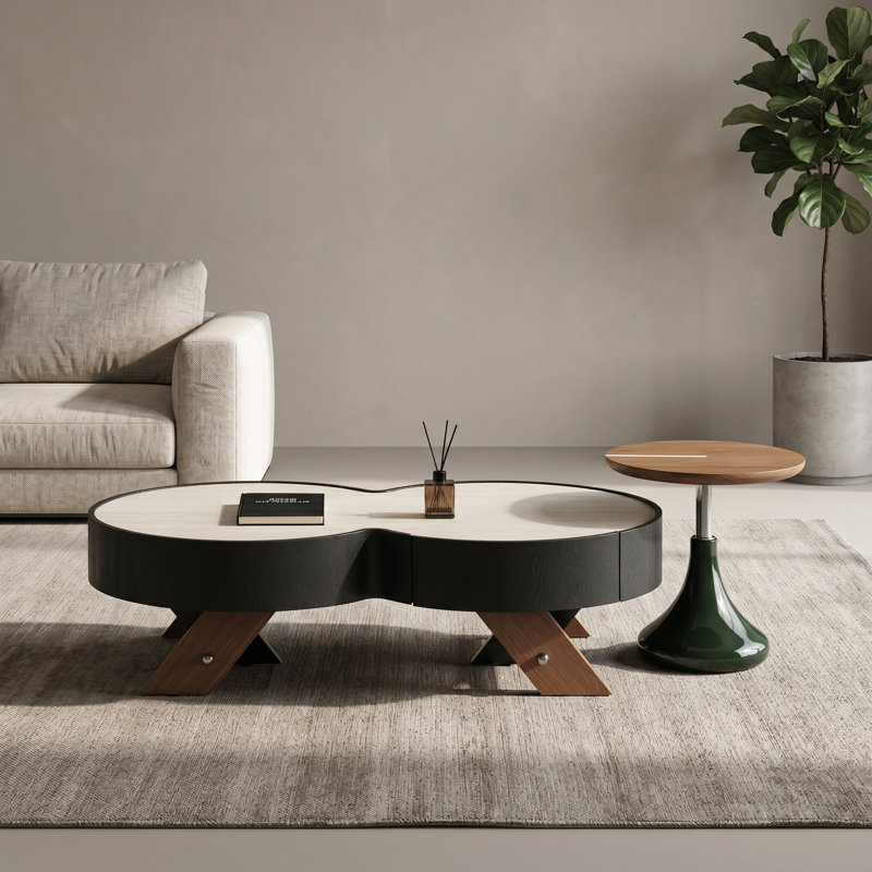 Modern Gourd-Shaped 2-Piece Coffee Table Set, Figure-8 Sintered Stone Nesting Coffee Table with Solid Wood X-Legs, Height Adjustable Round Side Table for Living Room, Japandi Style