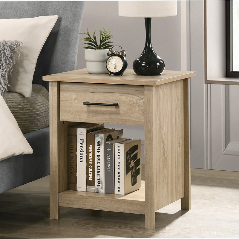 1-Drawer Nightstand, Bedside Table With Open Shelf, Light Oak