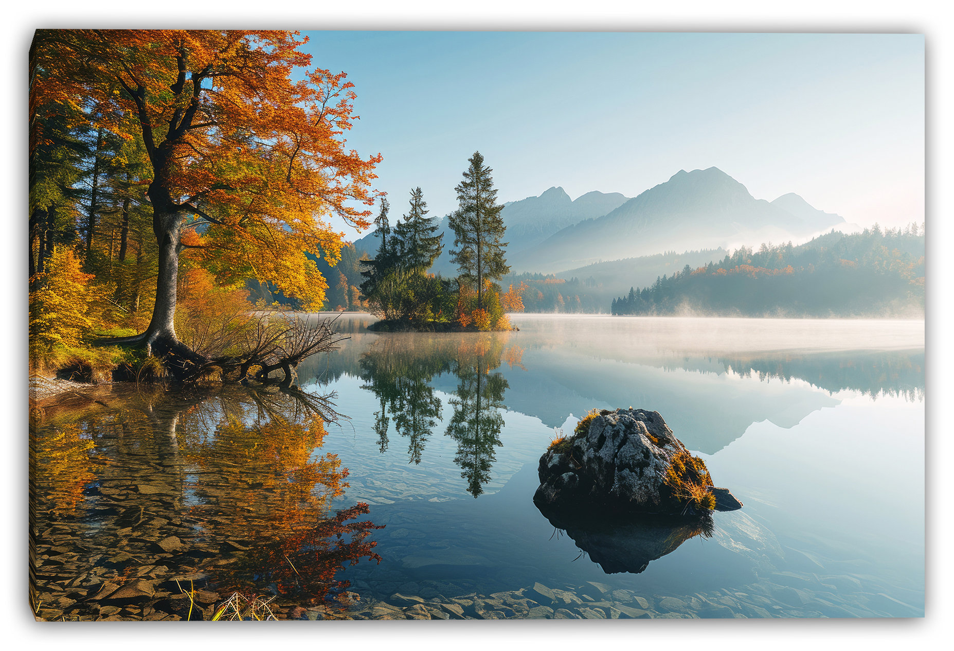 Union Rustic Misty Island at Dawn Wrapped Canvas Wall Art | Wayfair