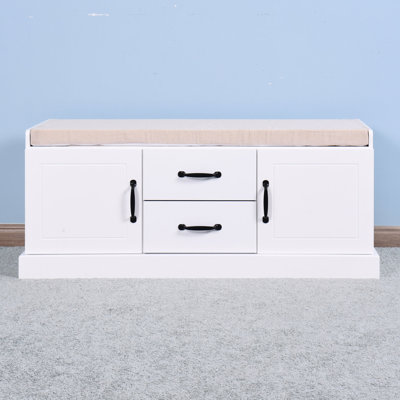 Living Room Shoe Cabinet With 2 Doors And Drawers, Wooden Bench White Pad For Entryway, Material, 42.32 In. Depth, 16.11 Width, 17 Height, 47.86 Lb Entryway & Storage Bench, Mat, , Deep, Wide,