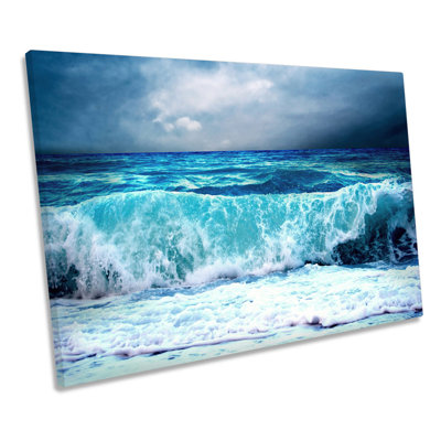 Stormy Beach Wave Seascape Blue - Wrapped Canvas Print