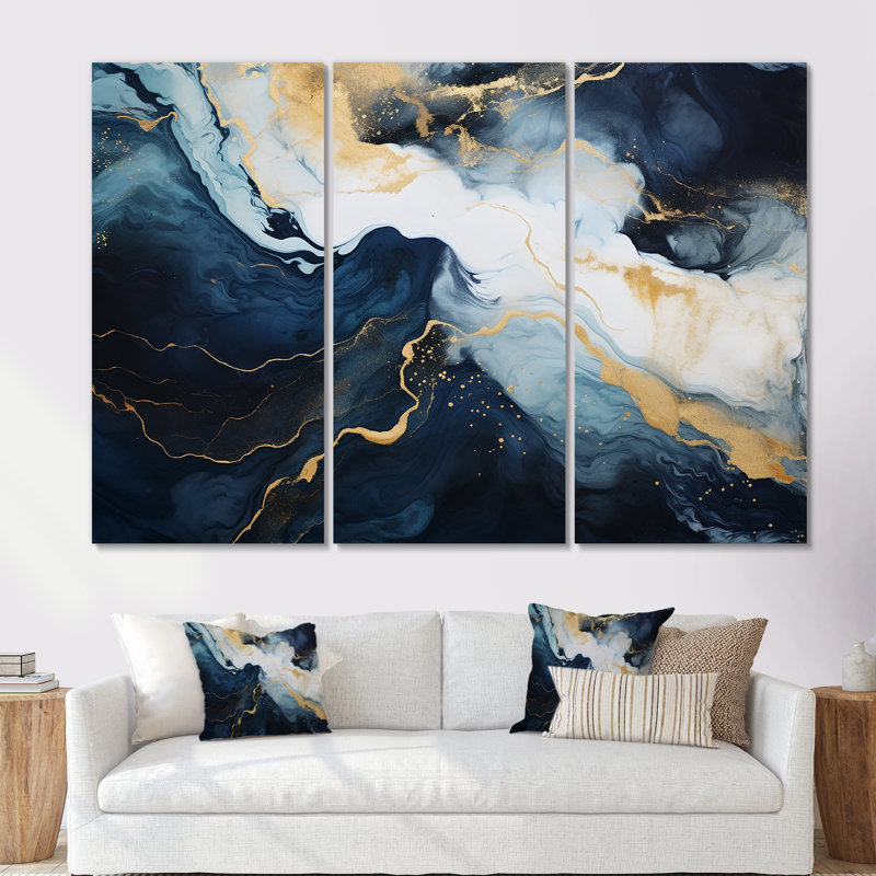 Or et bleu, peinture abstraite sur marbre IV - décoration murale en marbre, H 40 po x l 61 po x P 1 po, Toile tendue