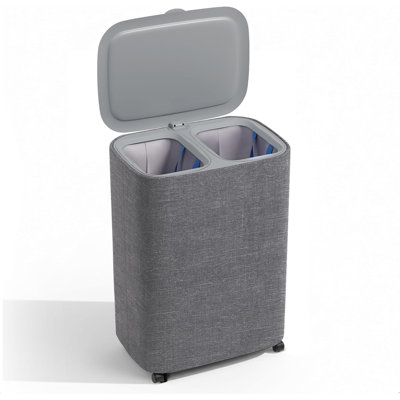 Dual Section 90L Laundry Basket With Wheels And Lid – Tall Divided Double Laundry Hamper With 2 Removable Washable Bags, Large Laundry Sorter For Easy Clothes Separation