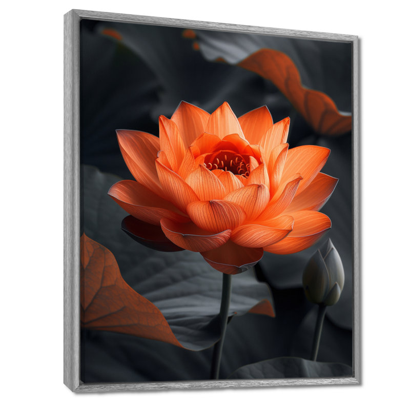 Décoration murale orange et gris rétro Lotus Photo III - Lotus, Encadrement argenté, H 34 po x l 44 po