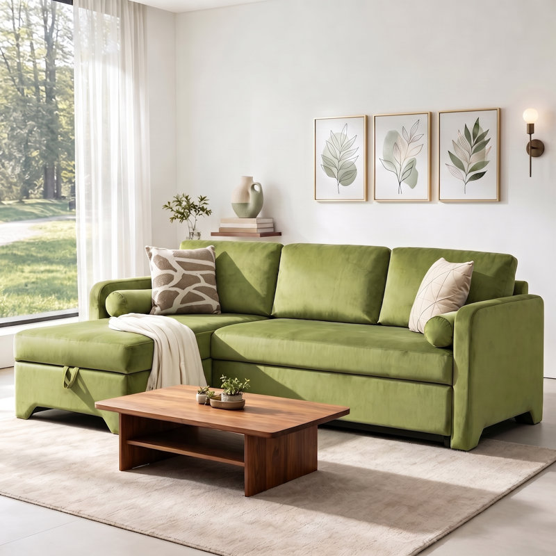 L-shaped Velvet Upholstered Sleeper Sofa and Chaise with Toss Pillows, Green