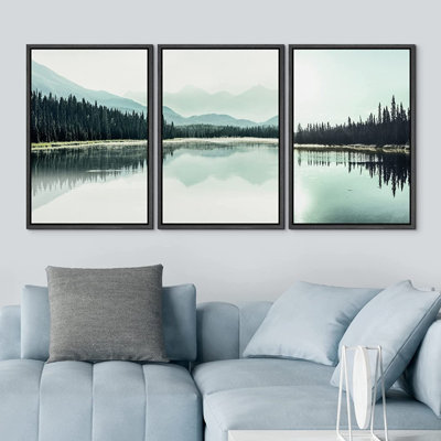 Lake River Landscape " Teal Mountain Range, Lake And Forest Landscape " 3 - Pieces