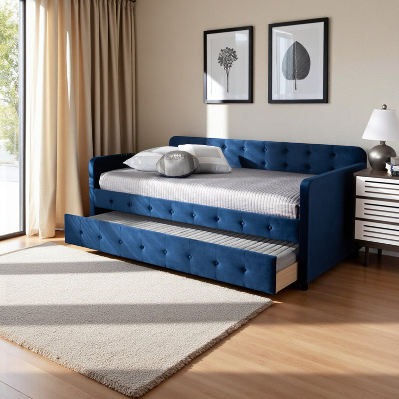 Isle Transitional Twin Size Navy Blue Velvet Fabric Daybed, 33.09'' H X 81.26'' W X 40.76'' L, Blue, Twin
