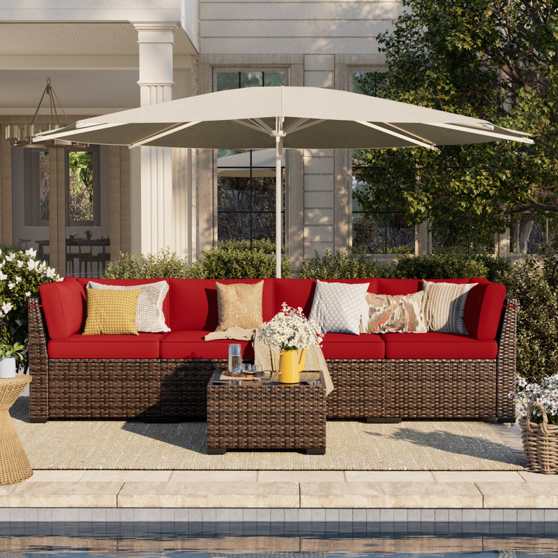 Avelie Wicker 4 - Person Patio Conversation Set with Cushions, Burgundy, No