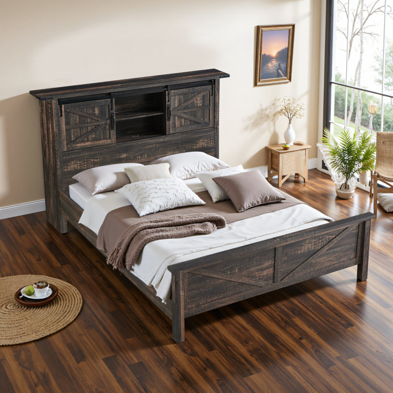 Farmhouse Bed Frame With Charging Station And Storage Cabinets, Queen, Dark Rustic Oak