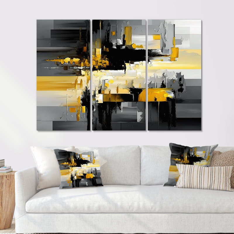 Abstrait géométrique noir et jaune en V - impression de 3 pièces, L 48 po x H 32 po, Toile tendue
