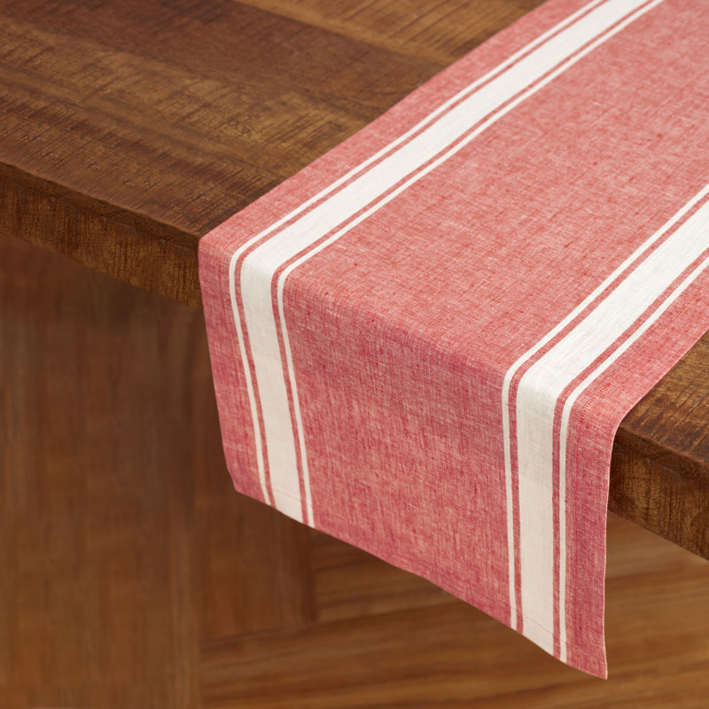 Country Stripe - 100% Pure Linen Table Runner, 108" x 14", Red/White