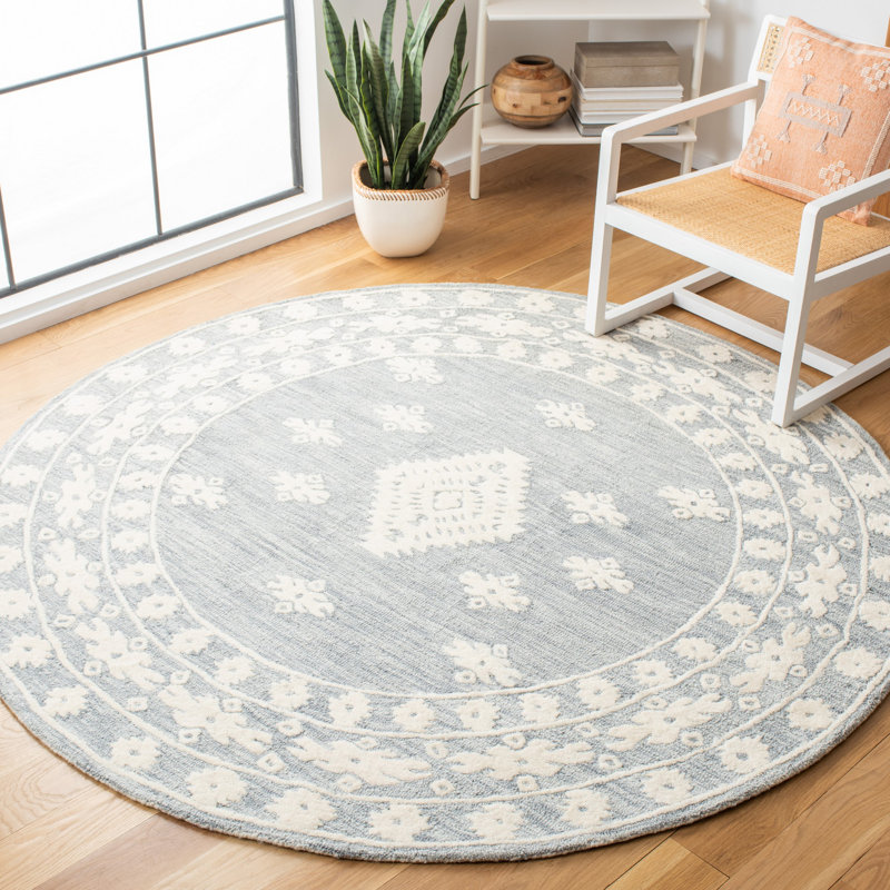 Tapis gris clair en laine / coton touffeté à la main, Rond 7 pi