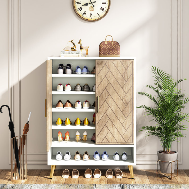 24 Pair Shoe Storage Cabinet, White/Light Brown