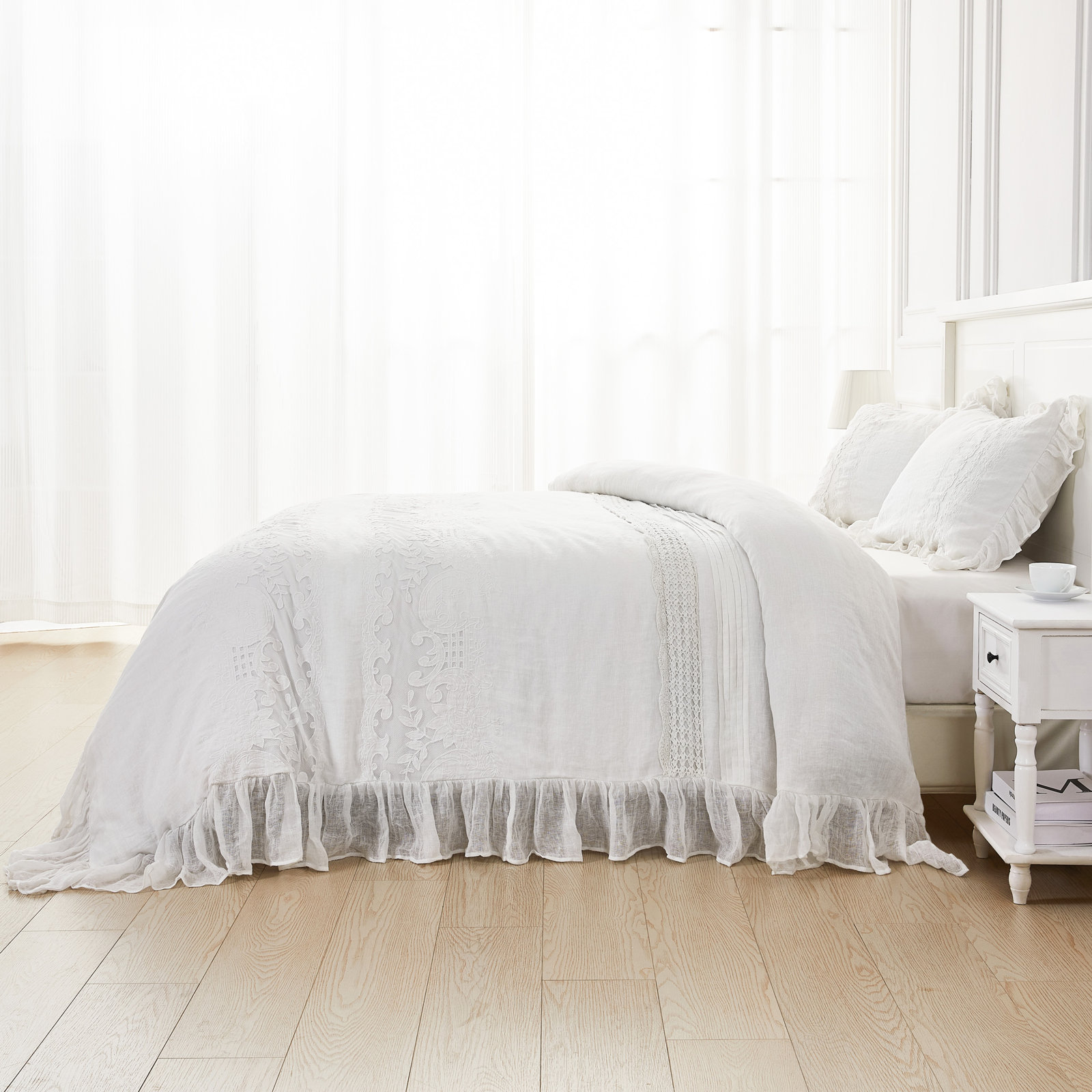 100% Linen Duvet Cover Set, King Duvet Cover + 2 King Shams, White