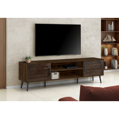Meuble télé transitionnel de 72 po avec armoire de rangement pour le salon ou la chambre à coucher, pieds en stratifié brun et bois noir | Idée de cadeau