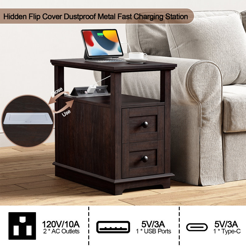 Ayame 2 - Drawer End Table With Storage and Fast Charging Station, Dark Brown