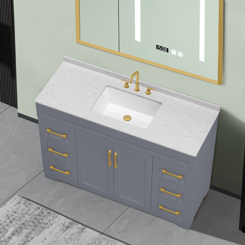 Rustic 48" Bathroom Vanity With Engineered Stone Top And Sink Freestanding, Gray