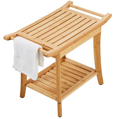 Banc de douche en bambou, 61 x 35 x 48 cm, capacité de charge de 136 kg, siège de bain spa, organisateur, tabouret de douche imperméable avec tablette de rangement et poignée
