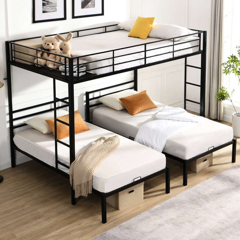 Lit superposé double au-dessus d'un lit double en métal avec barrière verticale, barrière, garde-corps à quatre côtés et tablette pour utilisation familiale, rangement triple noir