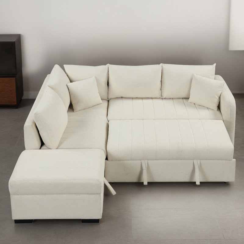 83" Wide L-Shaped Pull Out Sleeper Sectional Sofa Bed With USB Ports, Beige Polyester Blend