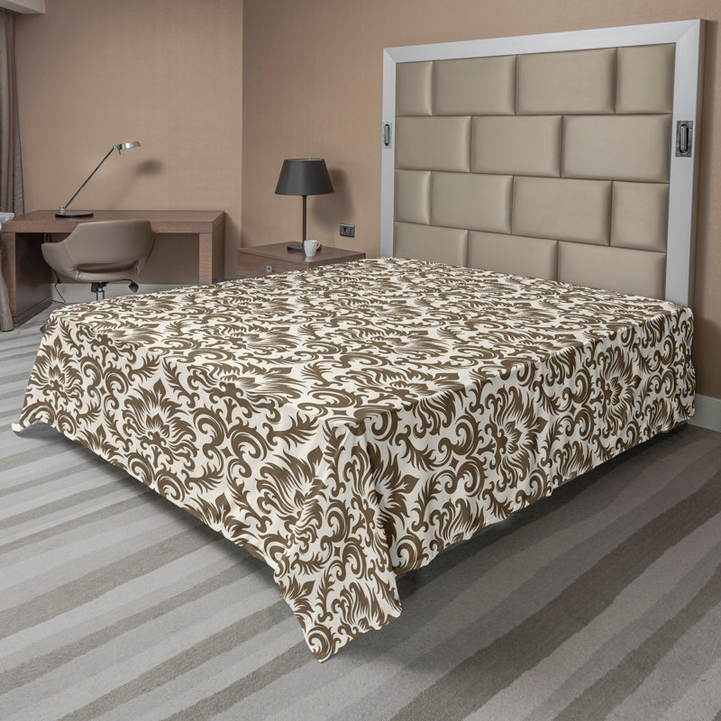 Ambesonne Top Flat Sheet Curving Art, Army Green Cream Damask, California King Flat Sheet