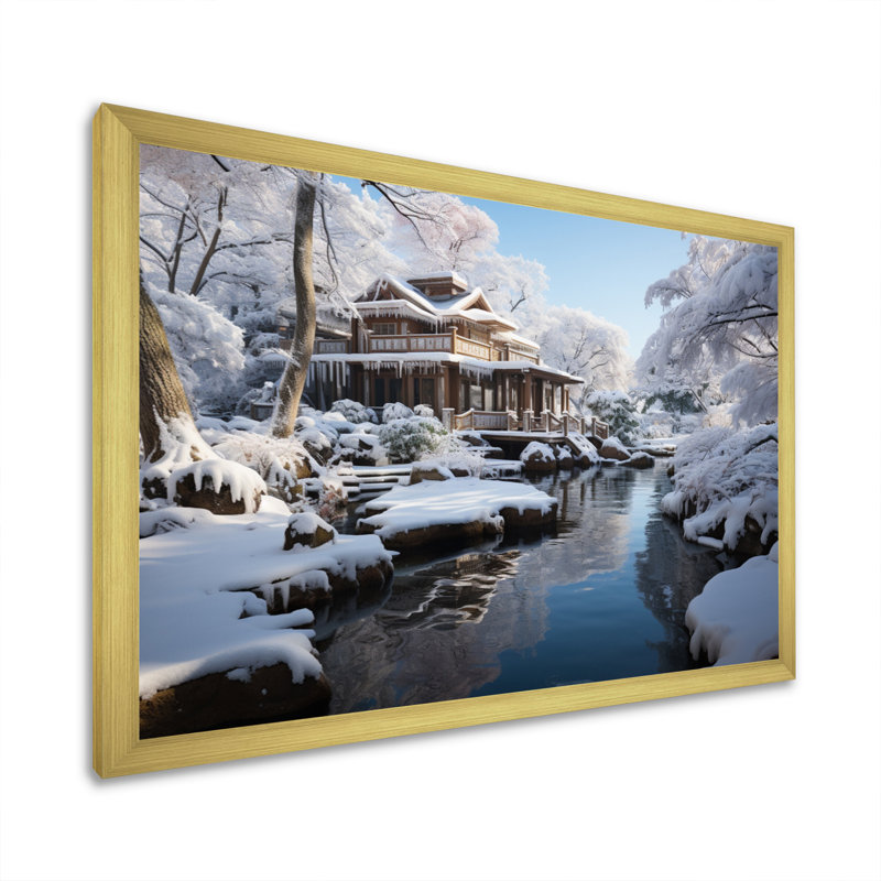 Japon Art Snowy Hot Bath III - Japan Art Wall Decor, H 30 po x l 40 po x P 1,5 po, Cadre doré à une seule photo
