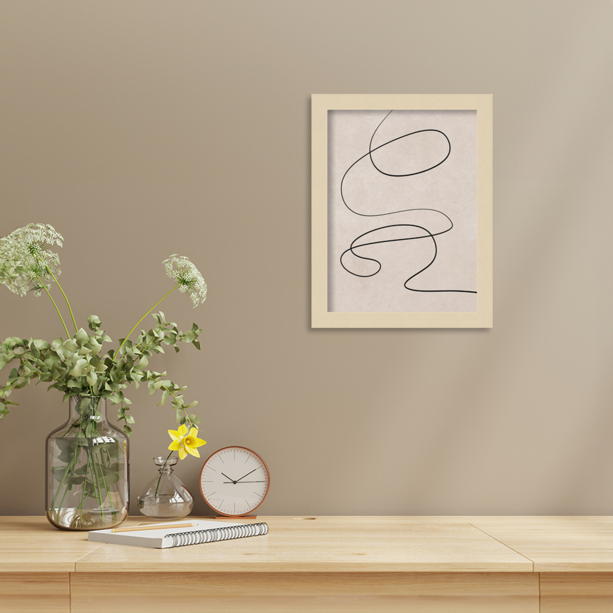 Black Line and Textured Beige Background by Little Dean Wood Framed Wall Art Print, Brown, 13" H x 10" W