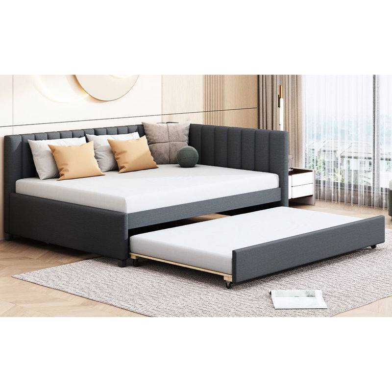 Lit de jour en tissu de lin avec lit gigogne mobile, gris, base de lit, aucun besoin de sommier tapissier, revêtement gris