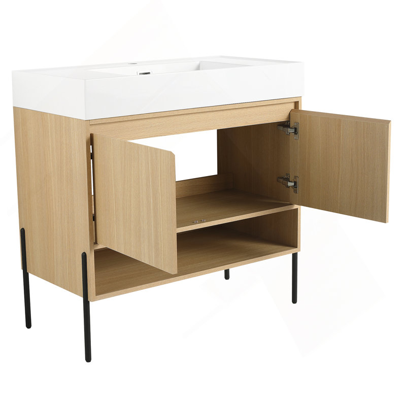 Ensemble de meuble-lavabo de salle de bain avec lavabo simple en résine, ensemble d'armoires de rangement modernes 2 portes, bois massif multicouche, chêne