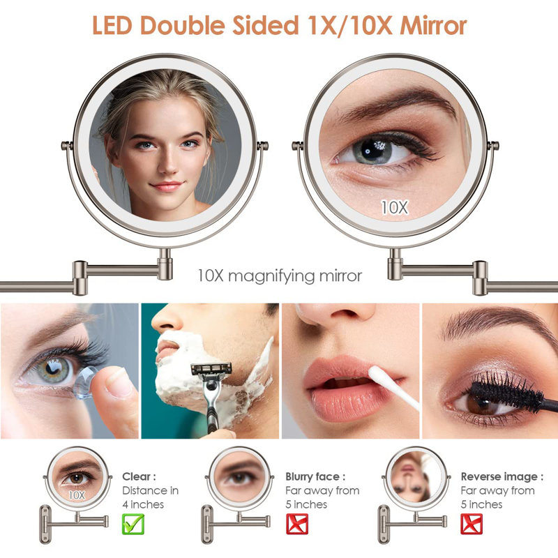Rechargeable Lighted Wall Mounted Makeup Mirror With 3 Colour Lights,Dimmable Touch Screen,8 Inch LED Double Sided 1X/10X Magnifying 360°Flexible 13 Inch Retractable