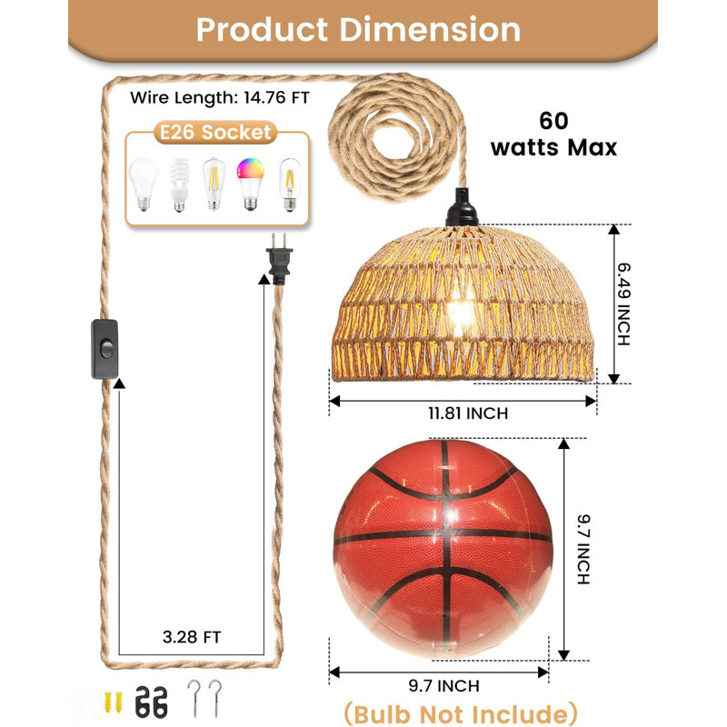 Handmade Rattan Pendant Light With Plug-In Cord, 360° Boho Hanging Lamp For Living Room, Bedroom, Kitchen, E26 Base, On/Off Switch, Bulb Not Included