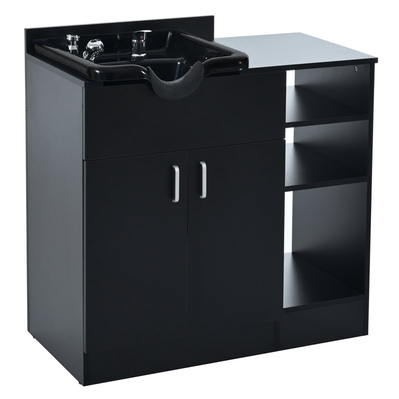 Station de lavage à contre-shampooing haute performance pour les salons avec cuve à shampooing et rangement à plusieurs niveaux, parfaite pour les centres de spa et de beauté