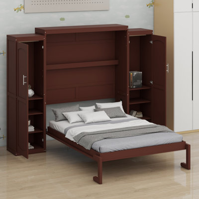 Wooden Murphy Bed With 2 Wardrobe And Storage Shelf