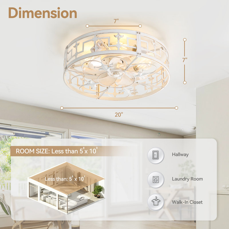 Babson 20" Flush Mount Smart Caged Distressed White Ceiling Fan with Light and Remote Control