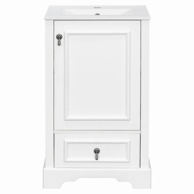 Meuble-lavabo de 20 po avec lavabo en céramique, porte à fermeture en douceur, tablette ajustable en forme de U, tiroir de compartiment et support de porte, style moderne, conception peu encombrante